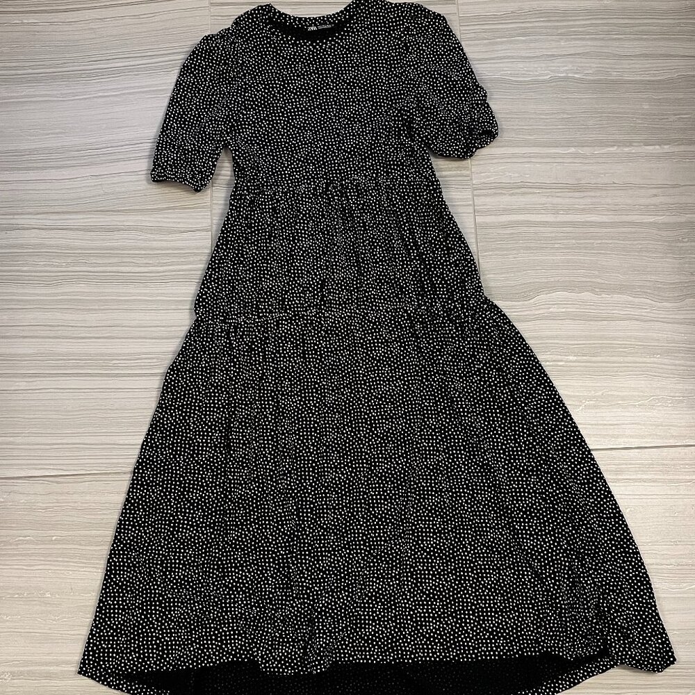 Zara Black Polka Dot Tiered Hem Midi Dress